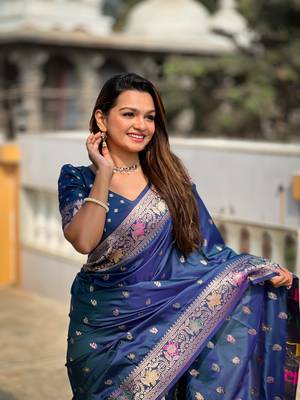Soft banarasi silk blend saree with zari weaving meenakari design 4