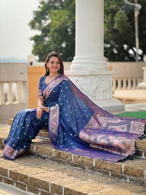 Soft banarasi silk blend saree with zari weaving meenakari design 5