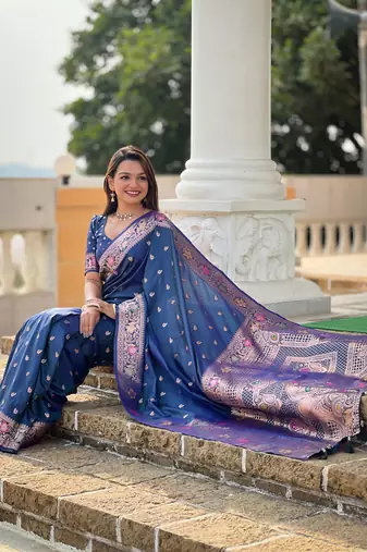 Soft banarasi silk blend saree with zari weaving meenakari design