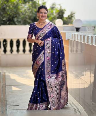 Soft banarasi silk blend saree with zari weaving meenakari design 1