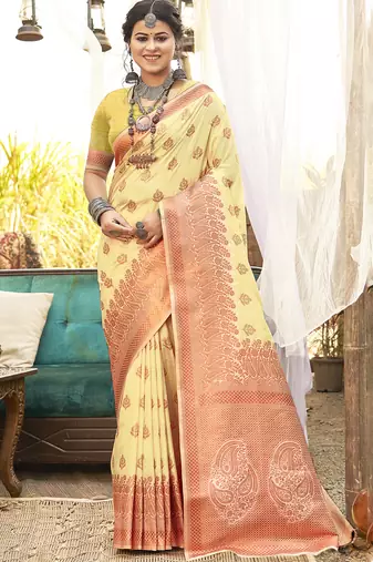 Light yellow art silk woven work festival saree