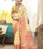 Light yellow art silk woven work festival saree