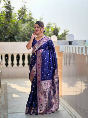 Soft banarasi silk blend saree with zari weaving meenakari design 2
