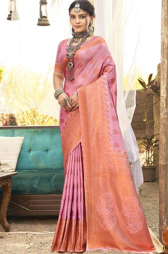 Pink art silk woven work festival saree