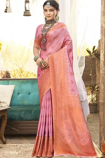 Pink art silk woven work festival saree