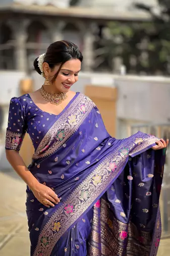 Soft banarasi silk blend saree with zari weaving meenakari design