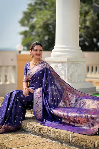 Soft banarasi silk blend saree with zari weaving meenakari design