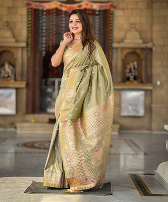 Soft banarasi silk blend saree with zari weaving meenakari design 1
