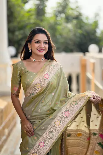 Soft banarasi silk blend saree with zari weaving meenakari design