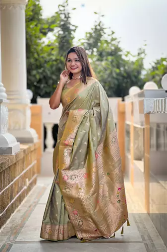 Soft banarasi silk blend saree with zari weaving meenakari design