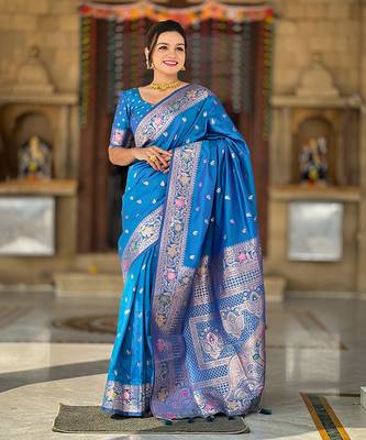 Soft banarasi silk blend saree with zari weaving meenakari design 1