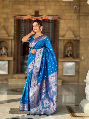 Soft banarasi silk blend saree with zari weaving meenakari design 2