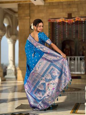 Soft banarasi silk blend saree with zari weaving meenakari design 3