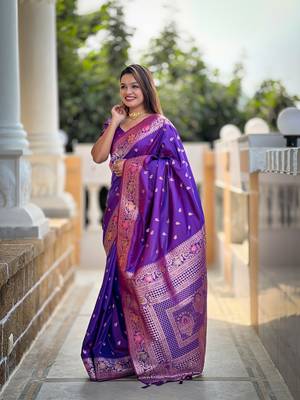 Soft banarasi silk blend saree with zari weaving meenakari design 2