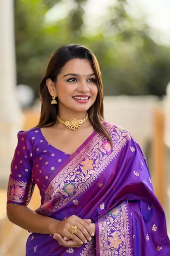 Soft banarasi silk blend saree with zari weaving meenakari design