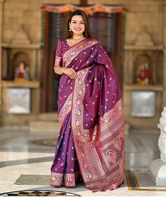 Soft banarasi silk blend saree with zari weaving meenakari design 1