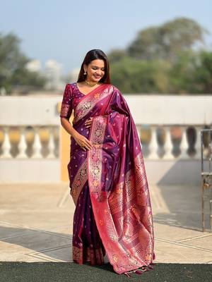 Soft banarasi silk blend saree with zari weaving meenakari design 2