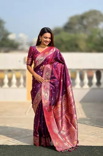 Soft banarasi silk blend saree with zari weaving meenakari design