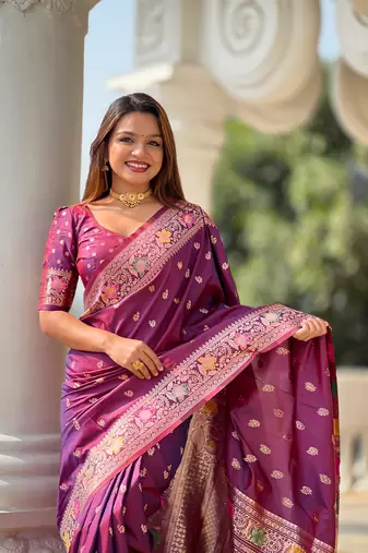 Soft banarasi silk blend saree with zari weaving meenakari design