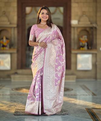 Soft banarasi silk blend saree with zari weaving meenakari design 1