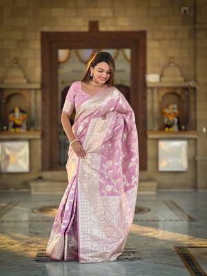 Soft banarasi silk blend saree with zari weaving meenakari design 2