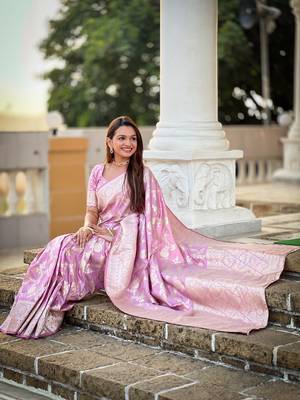 Soft banarasi silk blend saree with zari weaving meenakari design 5