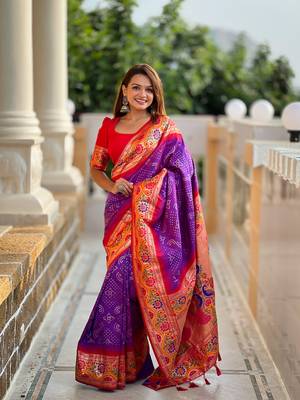 Soft paithani silk blend saree with zari weaving meenakari bandhej design 1
