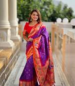 Soft paithani silk blend saree with zari weaving meenakari bandhej design