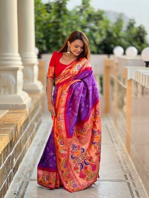 Soft paithani silk blend saree with zari weaving meenakari bandhej design 2