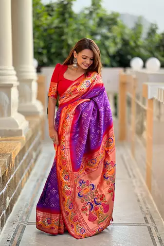 Soft paithani silk blend saree with zari weaving meenakari bandhej design