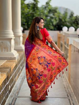 Soft paithani silk blend saree with zari weaving meenakari bandhej design 3