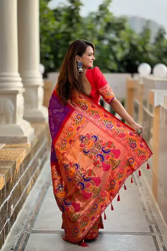 Soft paithani silk blend saree with zari weaving meenakari bandhej design