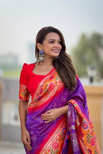 Soft paithani silk blend saree with zari weaving meenakari bandhej design