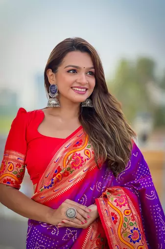 Soft paithani silk blend saree with zari weaving meenakari bandhej design
