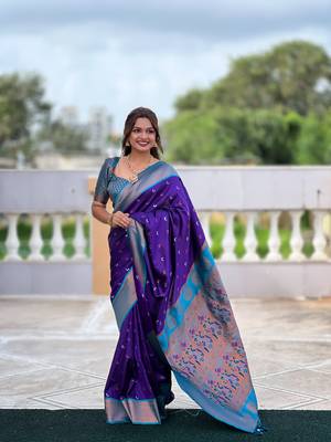 Soft paithani silk blend saree with zari weaving meenakari moon design 1