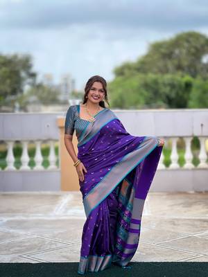 Soft paithani silk blend saree with zari weaving meenakari moon design 2