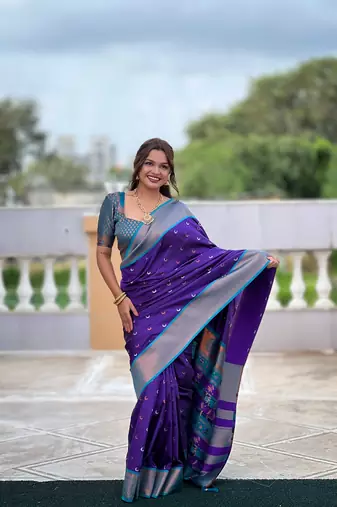 Soft paithani silk blend saree with zari weaving meenakari moon design