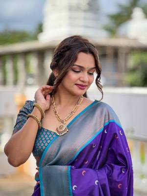 Soft paithani silk blend saree with zari weaving meenakari moon design 3
