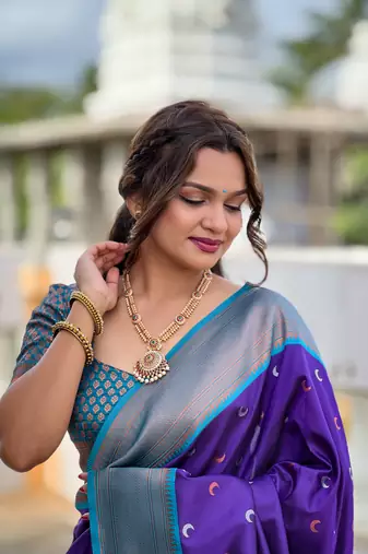 Soft paithani silk blend saree with zari weaving meenakari moon design