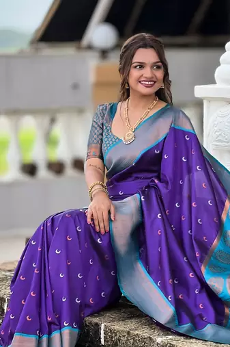 Soft paithani silk blend saree with zari weaving meenakari moon design