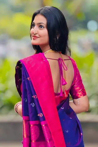 Soft paithani silk blend saree with zari weaving meenakari moon design