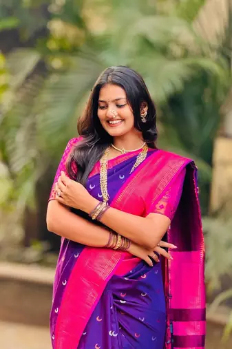 Soft paithani silk blend saree with zari weaving meenakari moon design