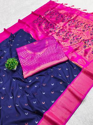 Soft paithani silk blend saree with zari weaving meenakari moon design 5