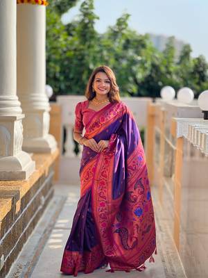 Soft paithani silk blend saree with zari weaving meenakari motif design 1