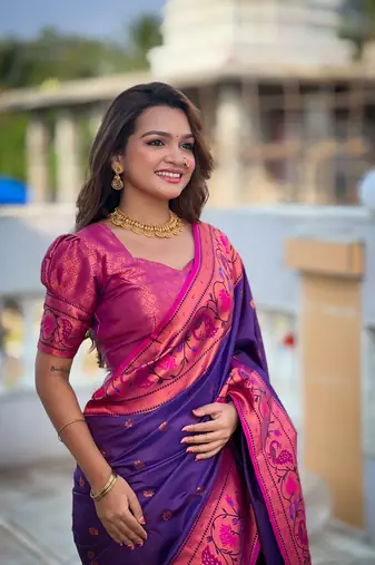 Soft paithani silk blend saree with zari weaving meenakari motif design