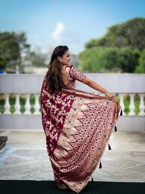 Soft dolla silk blend saree with zari weaving meenakari design 3