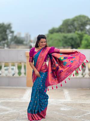 Soft paithani silk blend saree with zari weaving meenakari motif design 1