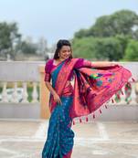 Soft paithani silk blend saree with zari weaving meenakari motif design