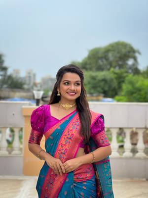Soft paithani silk blend saree with zari weaving meenakari motif design 2