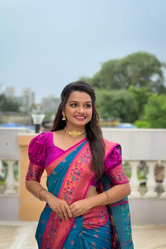 Soft paithani silk blend saree with zari weaving meenakari motif design